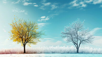 illustration of Change of seasons from winter to spring - obrazy, fototapety, plakaty