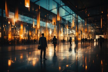Fototapeta premium Amidst the bustling city streets, a solitary figure gazes at their own reflection in the illuminated windows of a towering building, enveloped in the warm glow of the night