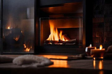 A modern interior design with a natural fire elegantly enclosed behind a glass door in a fireside.