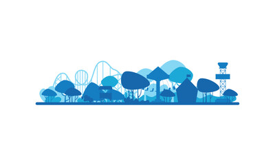 Abstract blue amusement park landscape with silhouettes of rollercoaster and carousel vector illustration