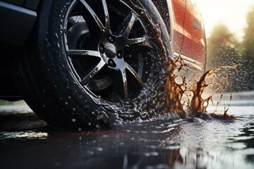 The car drives through puddles after the rain - obrazy, fototapety, plakaty