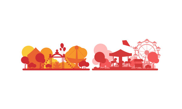 red amusement park scene, flat design clip art preview