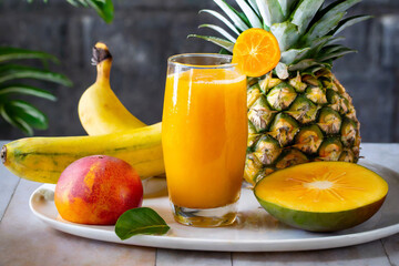 Orange, mango, banana, pineapple juice