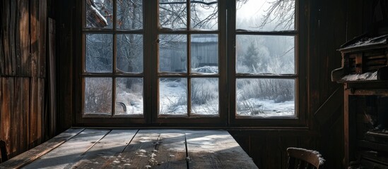 A window faces an old table in a deserted cabin during winter.