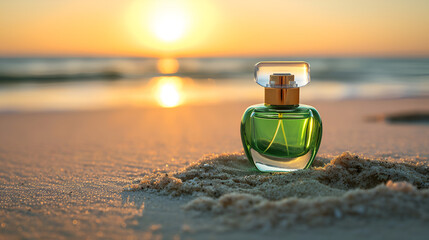 a green perfume bottle on a beach sand, studio photography natural lighting generative ai