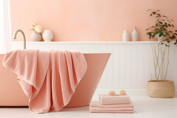 Fototapeta na wymiar Peach-colored towels in a modern Bathroom in Peach tones. The color trend of 2024