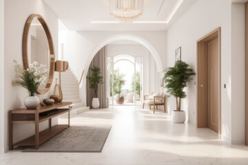 Fototapeta premium Interior home design of modern entrance hall with home furniture and stair houseplants in the villa