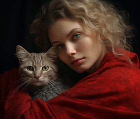 Wunderschönes junges rothaariges Mädchen mit Katze, Schmusekater mit junger Frau