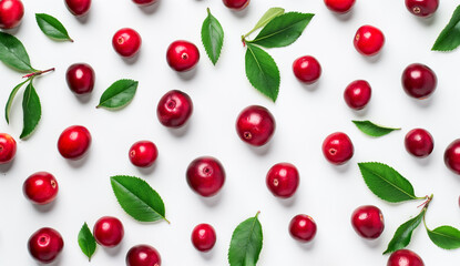 Naklejka na ściany i meble Cranberry with leaves creative pattern isolated on white background. Top view and flat lay 