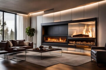 A modern interior design with a natural fire elegantly enclosed behind a glass door in a fireside.