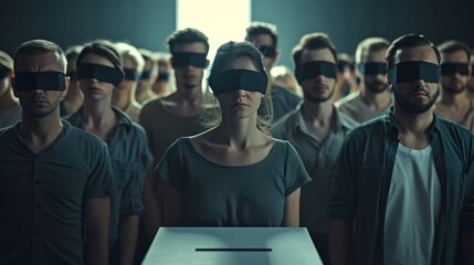 Blindfolded people voting, manipulated by politics and the media.	