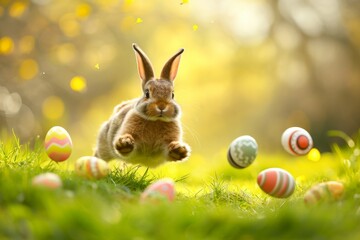 Fototapeta na wymiar Cheerful Easter bunny leaping joyfully, eggs aplenty, celebrating the festivities.