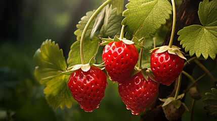 Strawberries growing in the garden, selective focus. Generative AI,