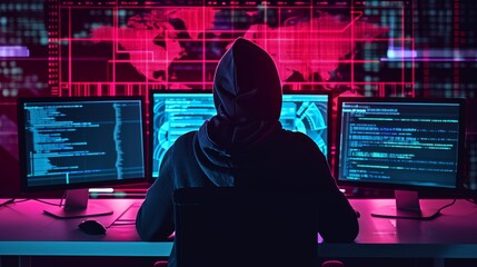 Silhouette of a hooded computer hacker behind multiple displays and digital information. Data thief, cyber fraud, election fraud, darknet and cybersecurity concept.	
