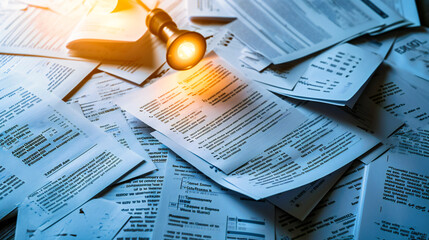 Tax season concept with paperwork, pen, and dollars, emphasizing financial planning and accounting. - obrazy, fototapety, plakaty