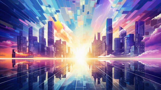 Modern cityscape with futuristic buildings and a digitally enhanced sky in cool colors. 