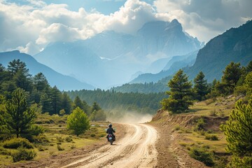 Fototapeta na wymiar Aeriel view of a man riding a motorcycle bike on a mountainous valley road