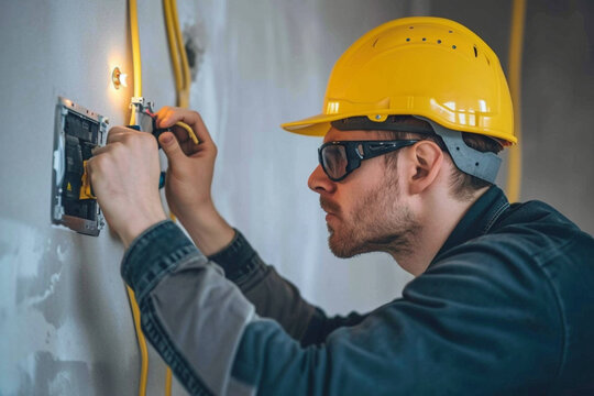 electrician in hardhat and safety glasses with screwdriver in hand