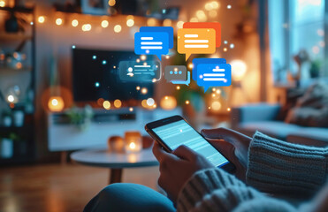 Human hand using smartphone Live chat and social network, conversation working at home in chat box icons pop up. Social media marketing technology concept