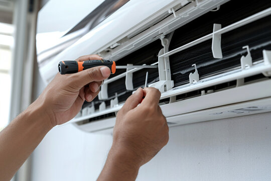 Technician installing air conditioner with screwdriver, closeup view