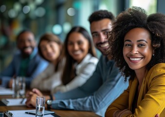 Multiracial business teammates meeting happily at a table together to discuss ideas and reach a business agreement