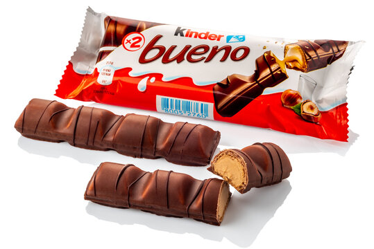 Italy - January 20, 2024: Kinder Bueno Ferrero, hazelnut-filled snack with the crunch of a chocolate-covered wafer sheet, two-bar package with cut bar isolated on white with clipping path included 