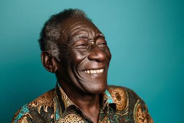 An elderly man with a patterned shirt is smiling with his eyes closed - obrazy, fototapety, plakaty
