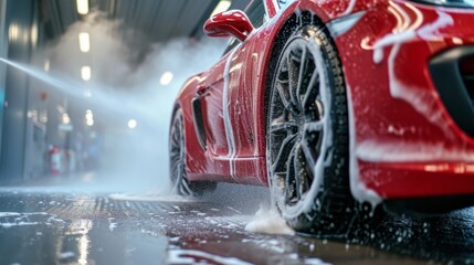 Red Car Being Washed With High Pressure - obrazy, fototapety, plakaty