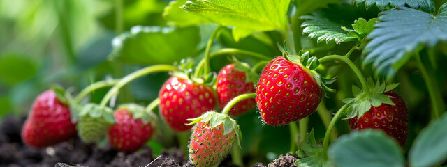 Strawberries growing in the garden, selective focus. Generative AI,