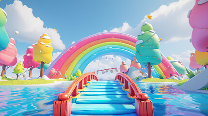Rainbow Bridge Playground Extravaganza: 3D Model Showcasing a Fantastic Play Area with Animated Swings, Slides, and Bouncing Clouds, Creating a Whimsical and Colorful Wonderland for Endless Joy - obrazy, fototapety, plakaty