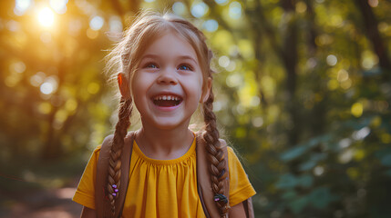Cheerful Young Girl Ready for First Day of School with New Backpack - Excitement and Energy