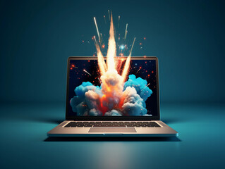 Rocket coming out of laptop screen, blue background 