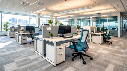 Minimalistic modern office interior with a bright and clean workspace, symbolizing professionalism.