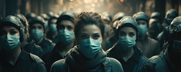 Fototapeta na wymiar Crowd of people in medical masks against virus.