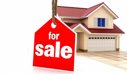 House figure and for sale price tag or sign isolated on white background. Real estate property sales, space for text