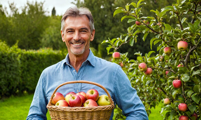 Middle-aged man with a basket full of fresh apples standing in the garden