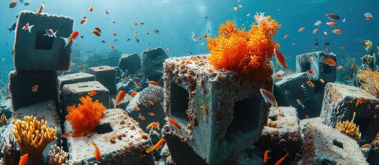 Marine life and bright orange sponge covering artificial reef made of concrete blocks. - obrazy, fototapety, plakaty