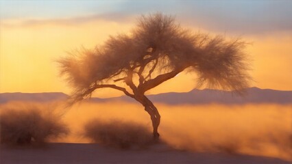 Fototapeta na wymiar In the golden light of dawn, alone tree stands at the desert 