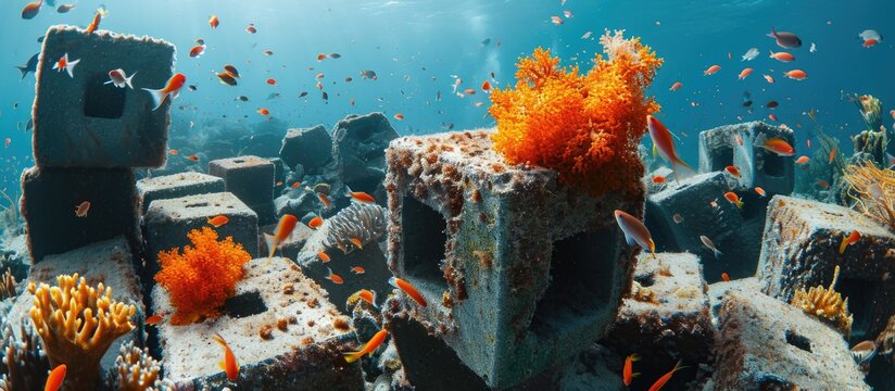 Marine life and bright orange sponge covering artificial reef made of concrete blocks.