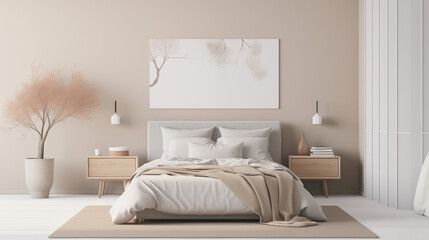 Chambre à coucher, plan sur un lit de couleurs claires et épurées, dans les tons blanc et beige. Drap, oreiller, couverture. Décorations, lumières douces. Pour conception et création graphique. 