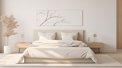 Chambre à coucher, plan sur un lit de couleurs claires et épurées, dans les tons blanc et beige. Drap, oreiller, couverture. Décorations, lumières douces. Pour conception et création graphique. 