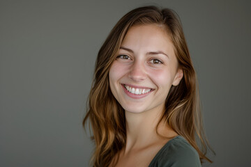 Fototapeta premium A woman with long brown hair is smiling for the camera