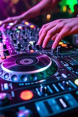 Fototapeta na wymiar Midnight Beats, A DJs Hands Mastering the Turntable at an Electric Nightclub