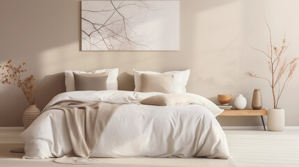 Chambre à coucher, plan sur un lit de couleurs claires et épurées, dans les tons blanc et beige. Drap, oreiller, couverture. Décorations, lumières douces. Pour conception et création graphique. 