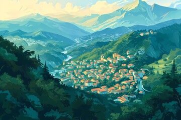 Aerial view on mountain town on nature cartoon background