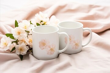 Obraz na płótnie Canvas two mugs with flowers and flowers lying on a warm white cover,copu space white mockup template