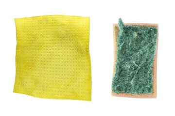 Used scrub cleaning sponge and kitchen sponge cloth isolated
