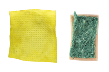 Used scrub cleaning sponge and kitchen sponge cloth isolated