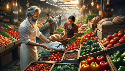 Bustling marketplace atmosphere with vendors selling fresh fruits, vegetables, and fish