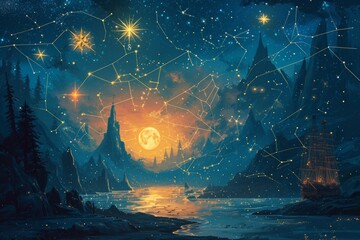 Obraz premium Mysterious star maps, guiding adventurers to uncharted realms - Generative AI